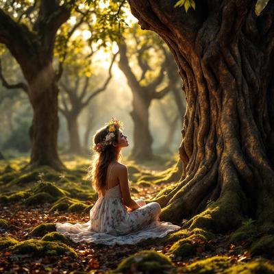 The primary subject of the image is a woman sitting under a large tree. She is wearing a floral dress and has a flower crown on her head. The setting is a forest, with several trees surrounding her. The visual style of the image is a photo, capturing the woman in her natural environment. The colors and mood of the image are serene and peaceful, as the woman appears to be enjoying her time in the forest.
